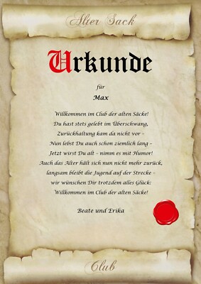 Urkunde ALTER SACK Club der alten Säcke personalisiert Geburtstag Geschenk Karte