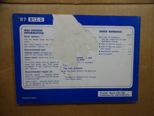 1987 Nissan Sentra Owners Manual original - Picture 2 of 6