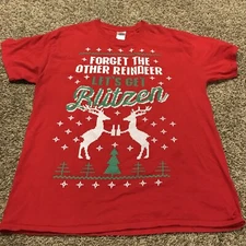 gildan mens L red t shirt xmas “ lets get blitzen” cotton a13