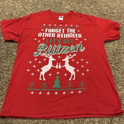 gildan mens L red t shirt xmas   lets get blitzen  cotton a13
