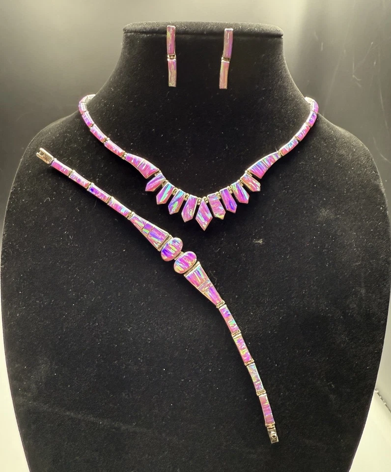 "Juego de pendientes pulsera de 17,25"" de colección collar ópalo púrpura laboratorio de plata de ley 950 de México" Foto 4 de 4