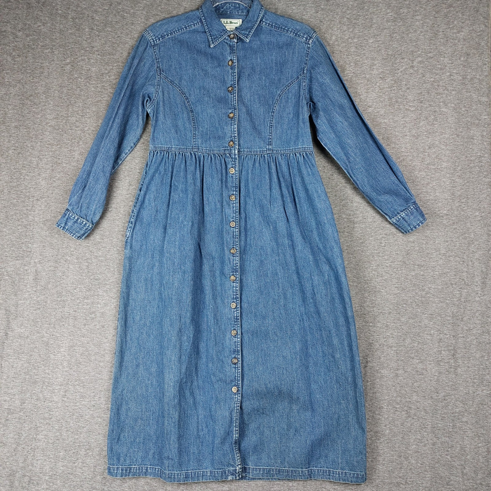 L.L. BEAN WOMENS VINTAGE BLUE JEAN DENIM LONG SLEEVE BUTTON FRONT DRESS SIZE 6P
