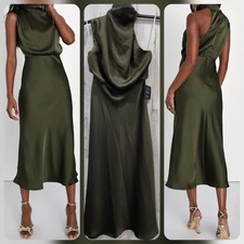 LULUS Distinctive Charm Olive Green Satin Asymmetrical Midi Dress Size SMALL*NEW