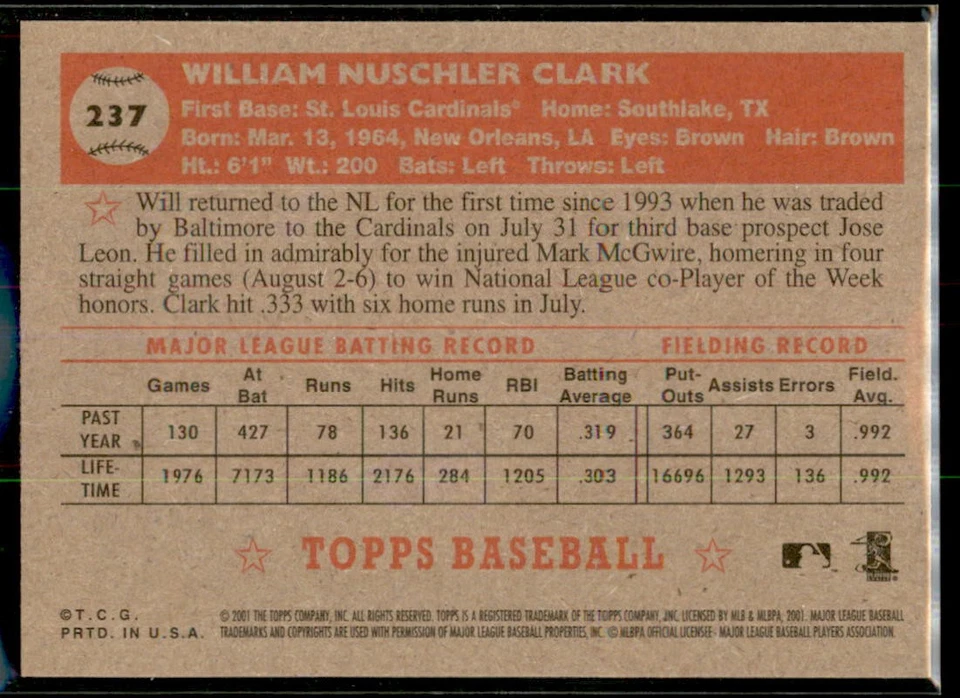 2001 Topps Heritage Will Clark #237 St. Louis Cardinals - Image 2 of 2