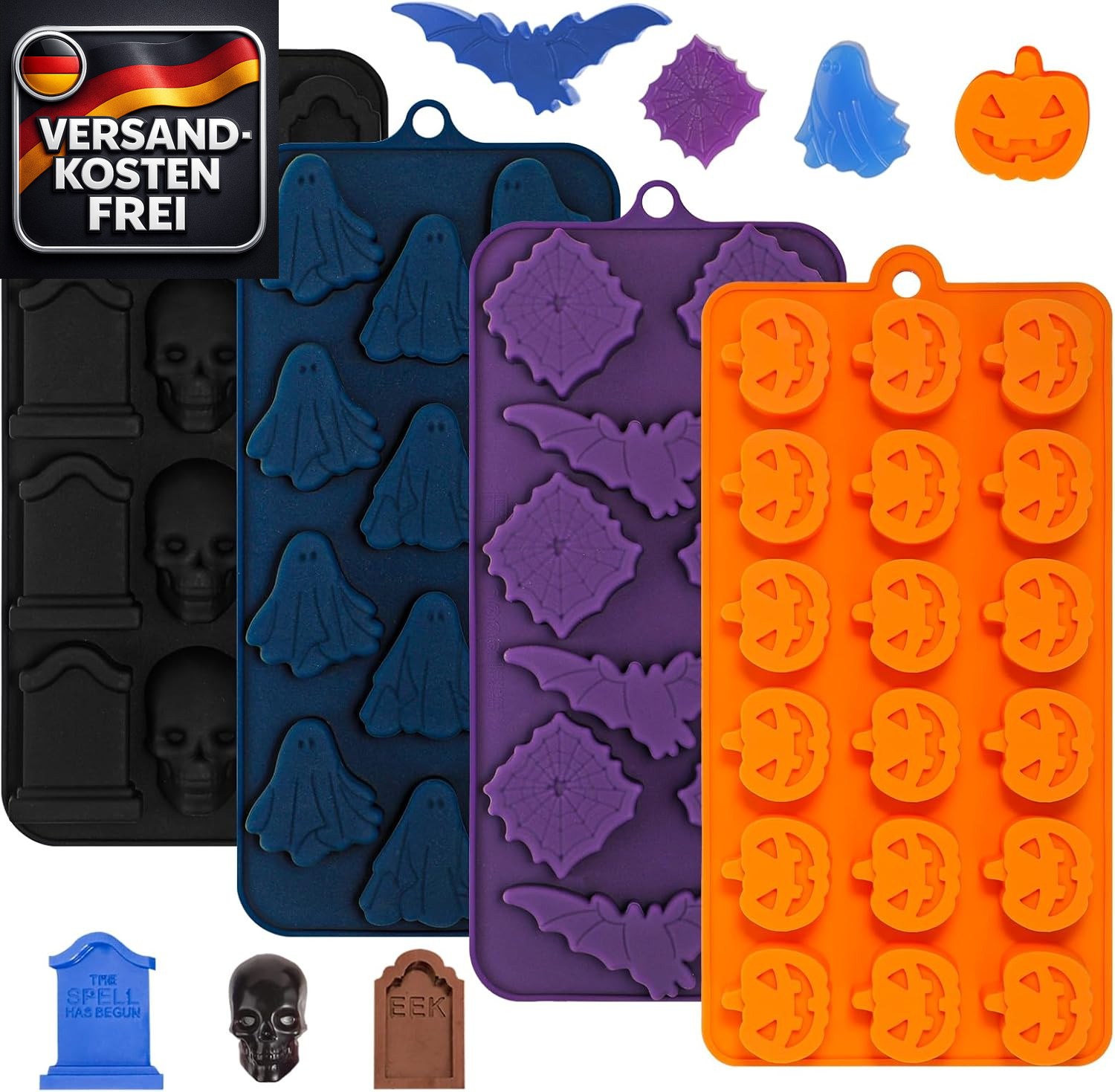 Halloween Backform Silikon Totenkopf Kürbis Geist Fledermaus Spinnennetz Grabste