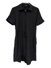 Halston Black Collared Button Front Shirt Dress Drawstring Waist Roll Tab S NWT