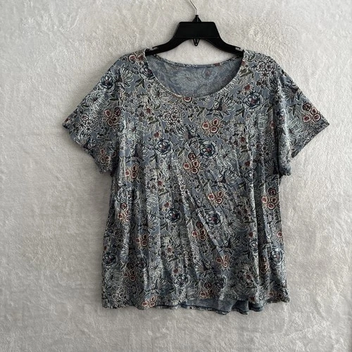 J Jill Womans Blouse Top Gray Floral XL Cotton Short Sleeve Round Neck Pullover