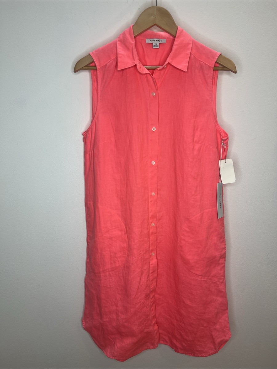 NWT Pure Navy Saks Fifth Cool Linen Coral Shirt Dress M