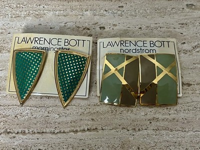 Vintage Earrings Green Enamel Gold Tone Metal  Lawrence Bott Triangle Set of 2