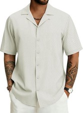 Men Cuban Collar Shirt Short Sleeve Textured Button Down Summer Beach Casual Top