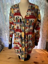 White Cross Scrubs Multicolor Cat Long Sleeve Button Up Long Sleeve Shirt XL