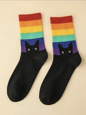Cat Crew Socks one size LGBTQ Rainbow striped pride Black cat emo cute gift