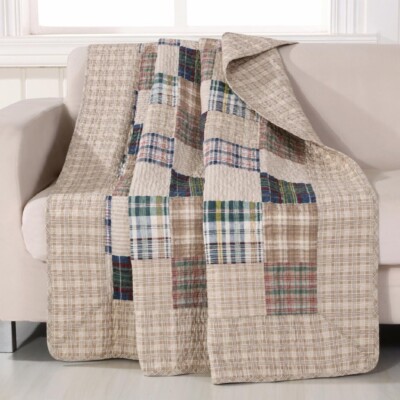 Throw Blanket Plaid Squares Blue Tan Reversible Cotton Sofa Chair Bedding Cover