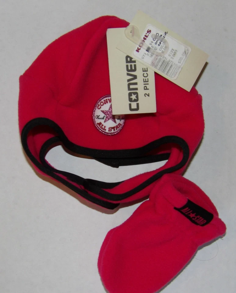 NOVO COM ETIQUETAS Conjunto de Chapéu e Luvas de Lã Rosa CONVERSE Bebê Menina TAM12-24M Varejo $20 - Imagem 4 de 4
