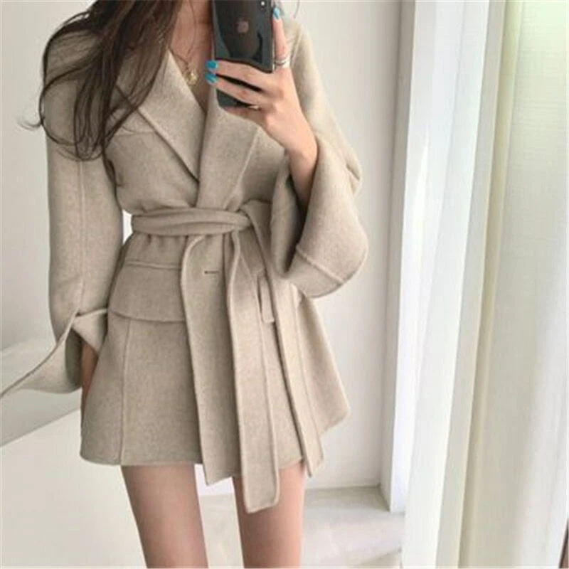 Womens Solid Colour Coat Fall Winter Korean Chic Elegant Belt