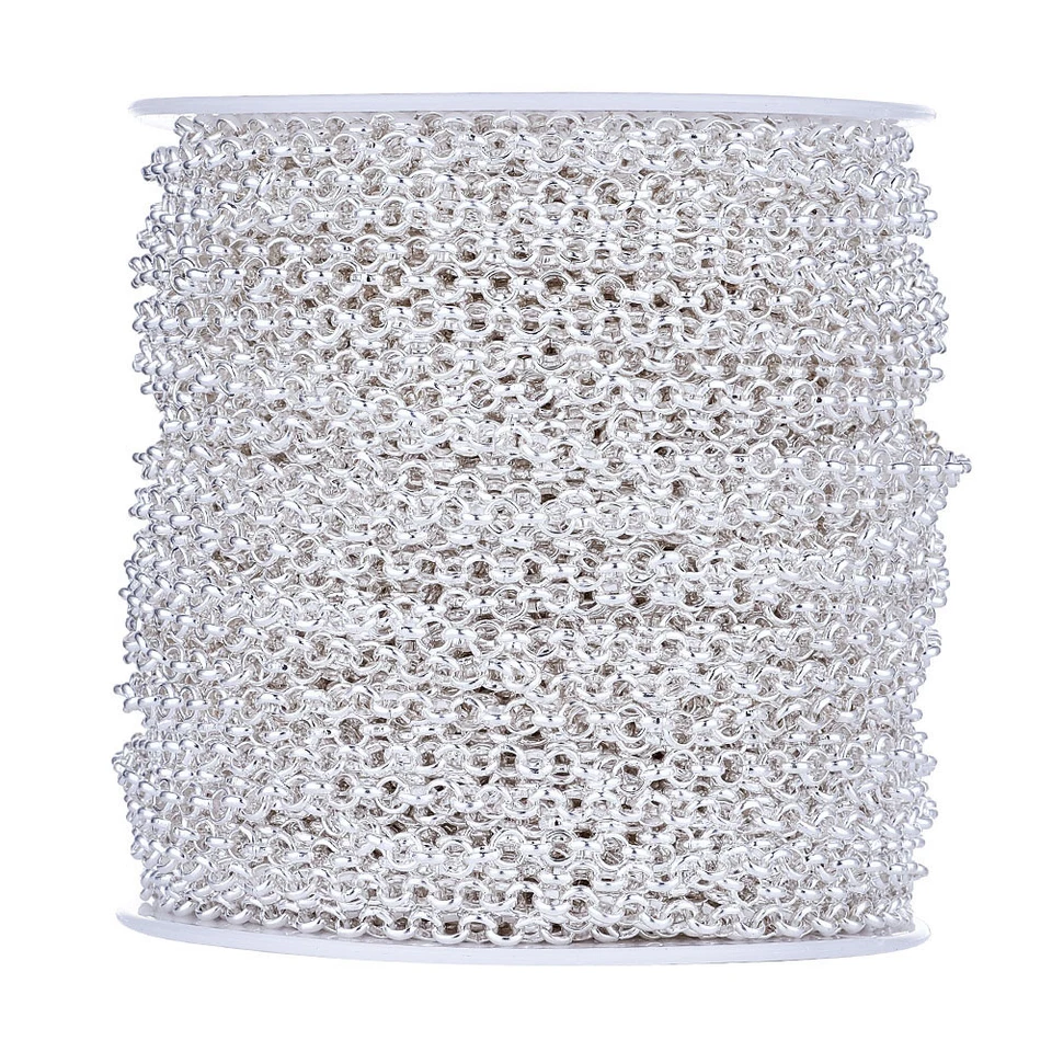 Cadenas de hierro tono plata 109 yardas/rollo carrete de cuerda de eslabones redondos sin soldar 4 mm de diámetro Foto 2 de 4