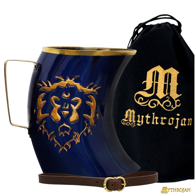 Viking Drinking Horn Tankard Brass Mug with Canvas Bag & Leather Strap - 40 Oz