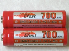 2 EFEST  IMR 14500 Li-Mn 700maH HIGH DRAIN Rechargeable Battery 3.7V -BUTTON TOP