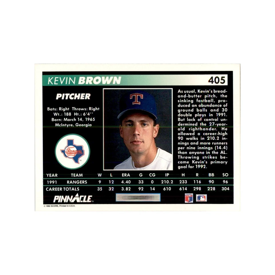 1992 Pinnacle Kevin Brown Baseball Cards #405 - Image 2 of 3