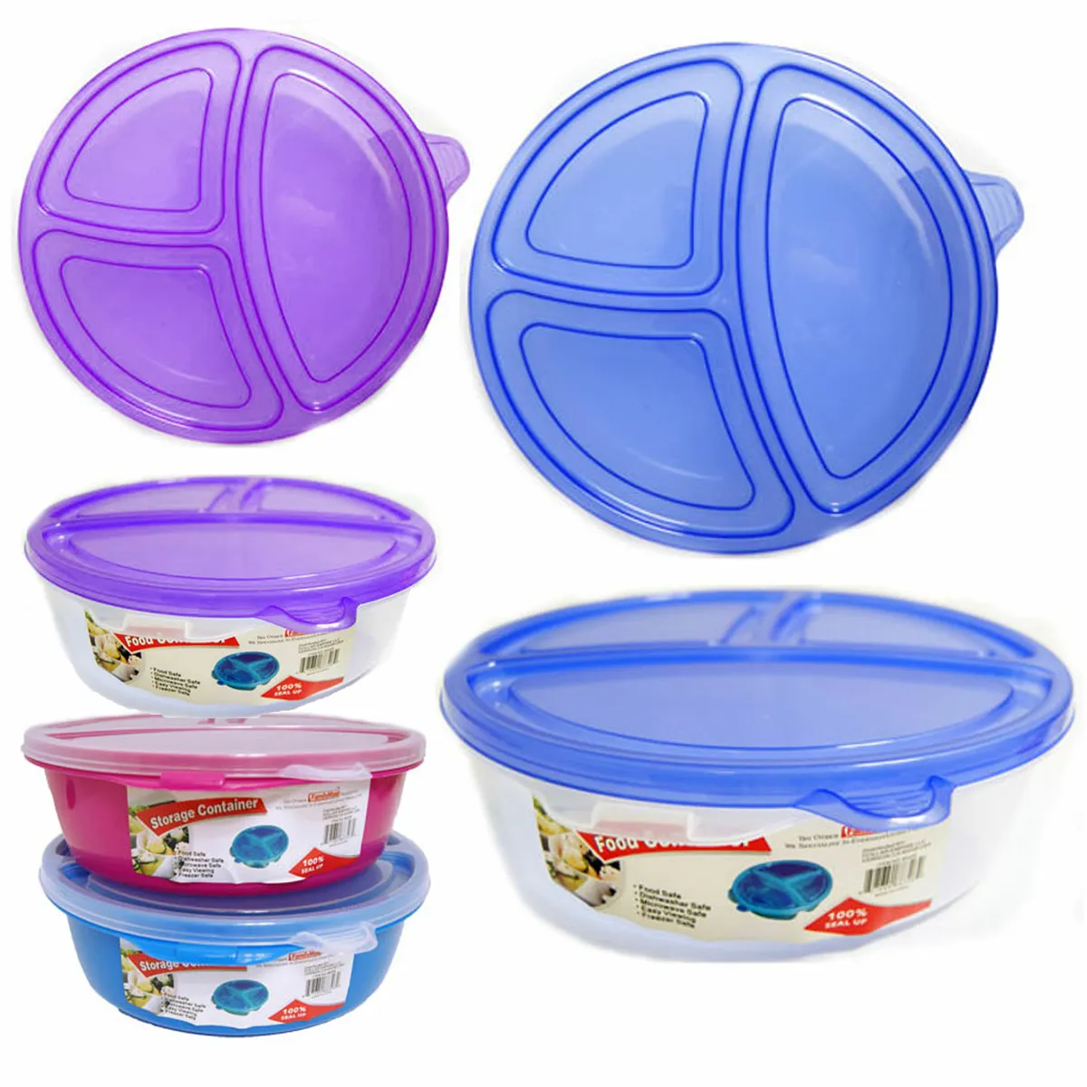 3 Large Microwave Food Storage Containers Section Divided Plates w/ Lids Cover