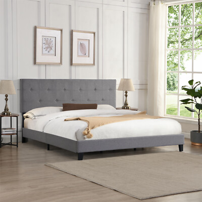 King Size Bed Frame Upholstered Platform Bed Frame w/ Upholstered Headboard New