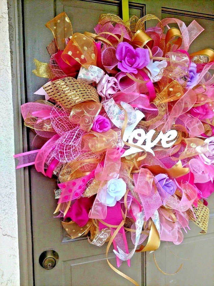 Guirnalda de puerta principal de San Valentín grande rosa arpillera decoración de granja de campo Foto 4 de 4