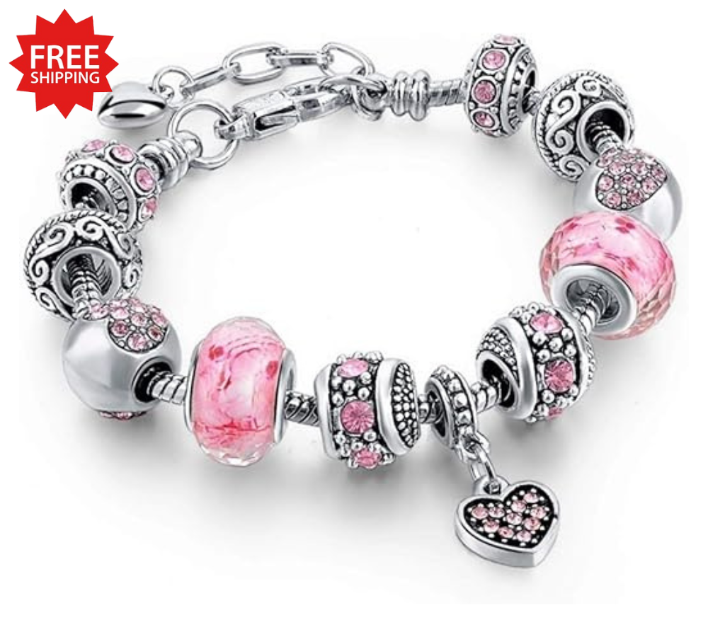 PANDORA Silver Bracelet with Crystal Heart & Love European Charms