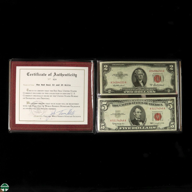 Lot of 2 Red Seal Notes - Series of 1953A/63 $2 & $5 Notes with a Display Holder