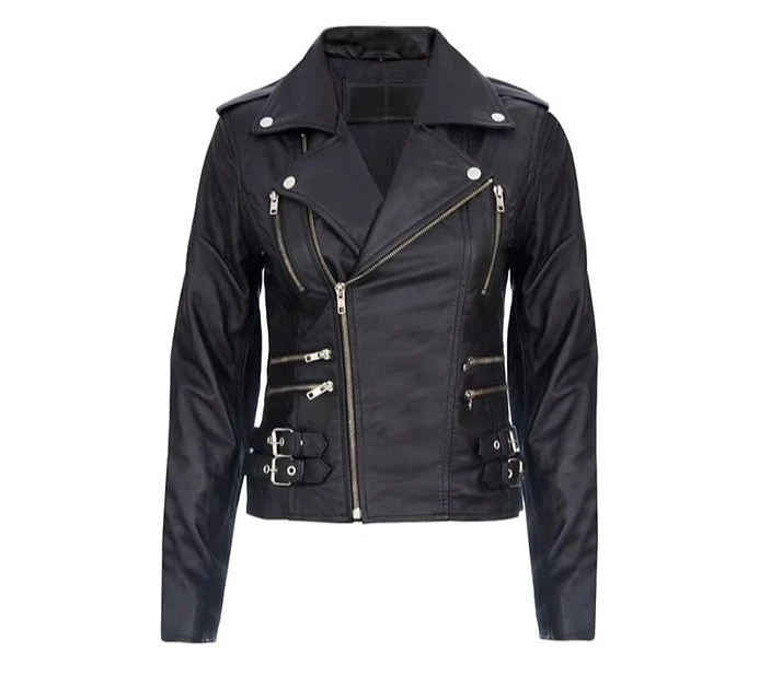 Ladies Black Retro 100% Nappa Real Leather Biker Jacket Soft Multi Zip Coat