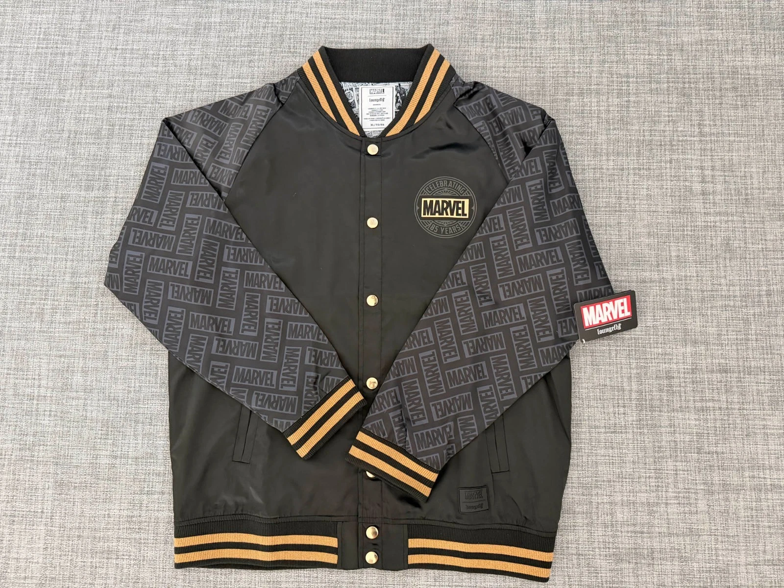 NEW - MARVEL 85th Anniversary Golden Logo Satin Bomber Jacket By Loungefly - XL image 7