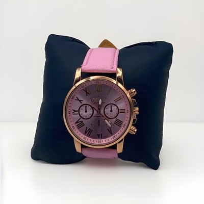 New Pink Geneva Leather Band Stainless Steel Quartz Analog WristWatch