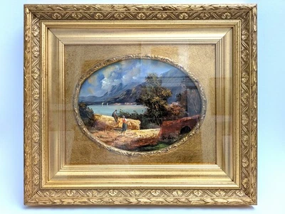 Ölgemälde SIGNIERT oval BERGE See Landschaft PAAR Mann Frau ITALIEN GOLGRAHMEN - Bild 1 von 4