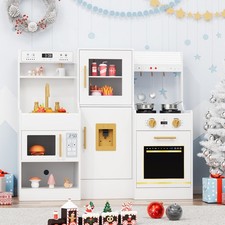 Toddler Pretend Paly Kitchen, Wooden Kitchen Play Set with Real Sound and Light