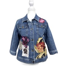 Vintage Denim Jacket Womens Large Floral Applique Embroidered Unique