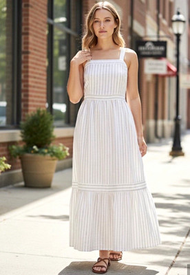 LOFT Linen Blend Striped Maxi Dress White Taupe Square Neck Tiered Size 2