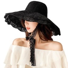 Women Lace Sun Hat Wide Brim Floral Bowler Bucket Hat Foldable One Size Black