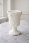 Vintage Milk Glass Pedestal Bud Vase Floral Embossed Scalloped Rim 5” Cottage