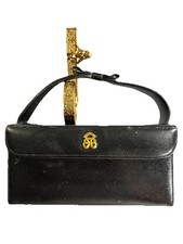 1950s Vintage Bienen-Davis Black Leather Handbag Purse Gold Insignia