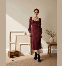 House Of CB Arlinda Dress Sz Medium Satin Raisin Brown Puff Sleeve Midi Opera
