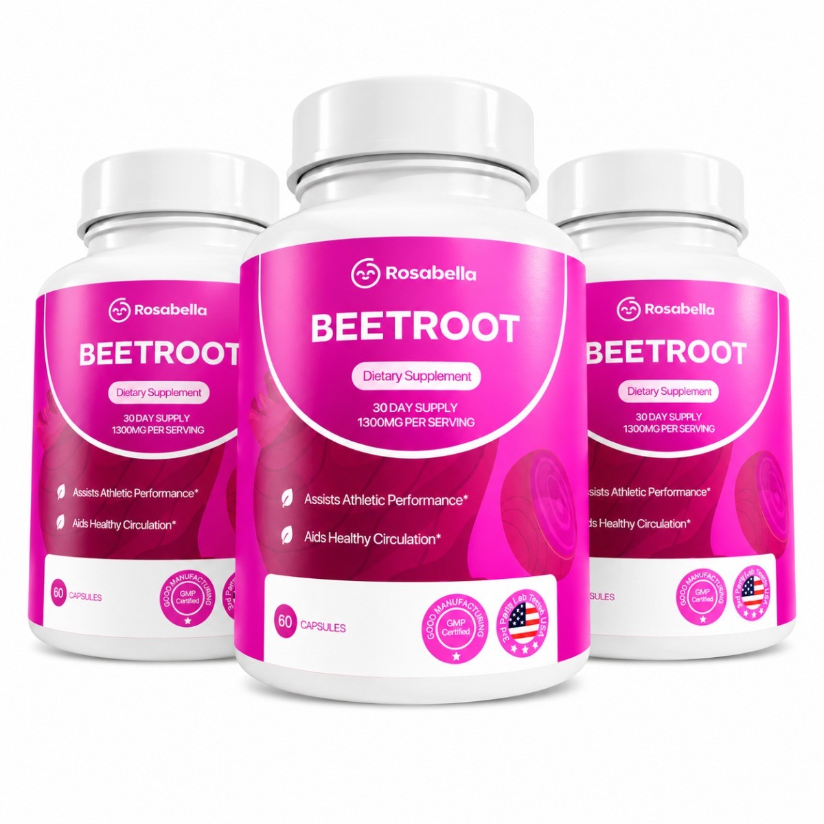 3 Bottles Rosabella Organic Beetroot 1300mg, Support Blood Flow & Heart Health