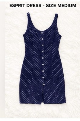 Sz M Vintage 80s 90s ESPRIT Denim  Dress 100% Cotton Pockets Button V Neck