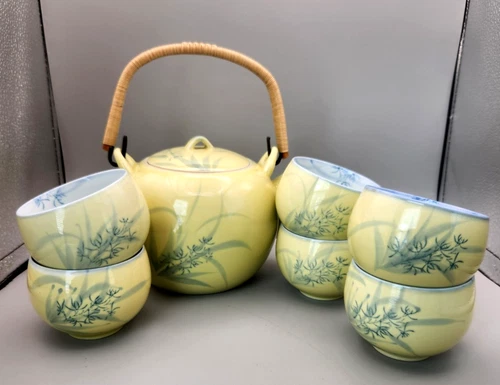 Vintage Japanese Tea Set Yellow and Blue Service for 6