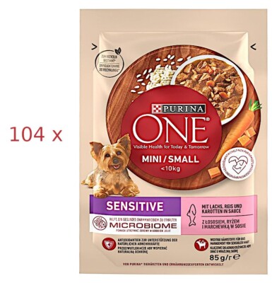104 x 85 g Purina ONE Mini Small Sensitive (  9,01/kg) Nassfutter mit Lachs Reis