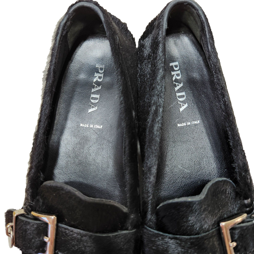 PRADA Pony Calf Hair Driving Loafers COA Sz 37/7 US Logo Charm Black Driver - Picture 13 of 22