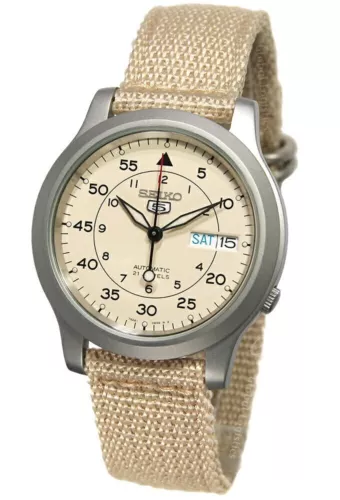 SEIKO 5 SNK803K2 Beige Automatic Watch Military Nylon Band Wristwatch Day & Date