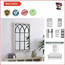 Rustic Farmhouse Wall Mirror with Boho Window Pane Style - Vintage White Finish