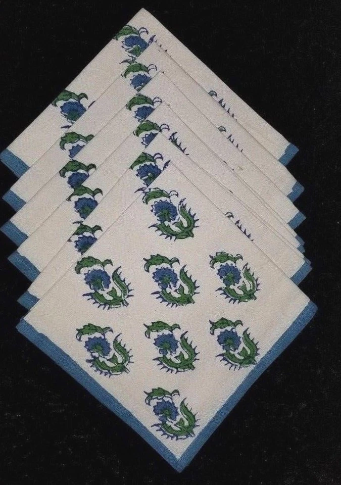 Blue Green White Rectangular Block Print Table Cloth & Napkins Set - Image 3 of 4