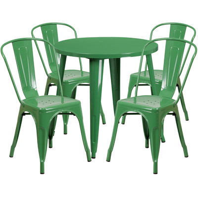 30'' Round Green Metal Indoor-Outdoor Restaurant Table Set with 4 Cafe Chairs 