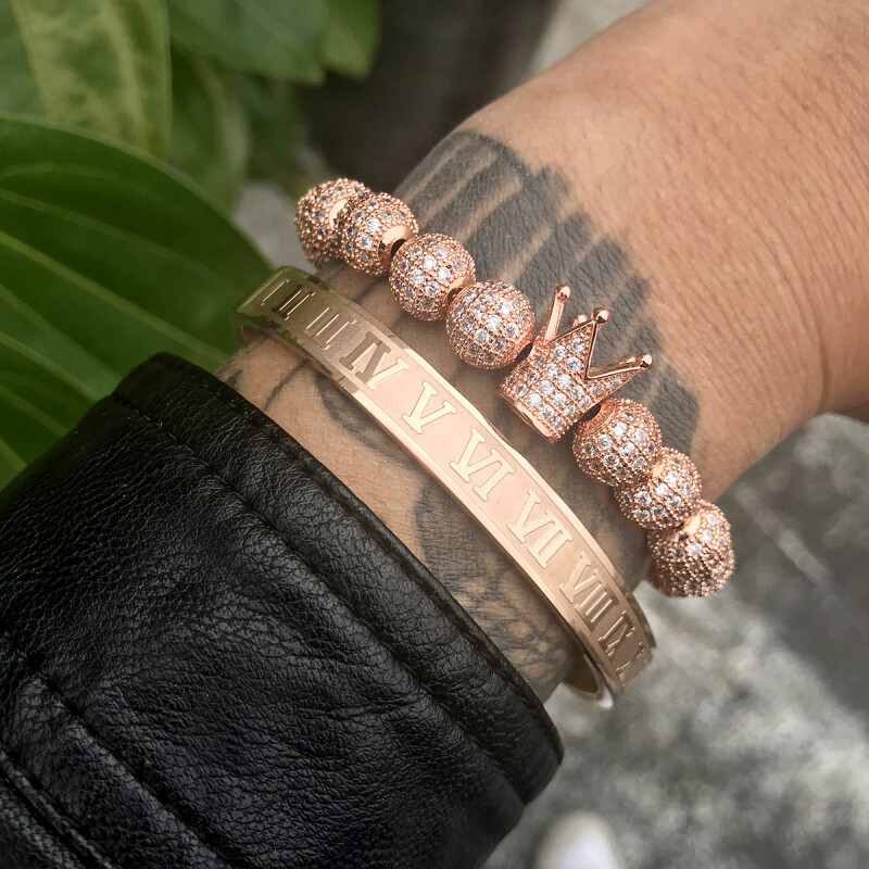 Men's Gold Roman Numeral Stainless Steel Bracelet Set - Adjustable Cuff & Twisted Cable - Royal Crown Charm Jewelry Gift - View #2