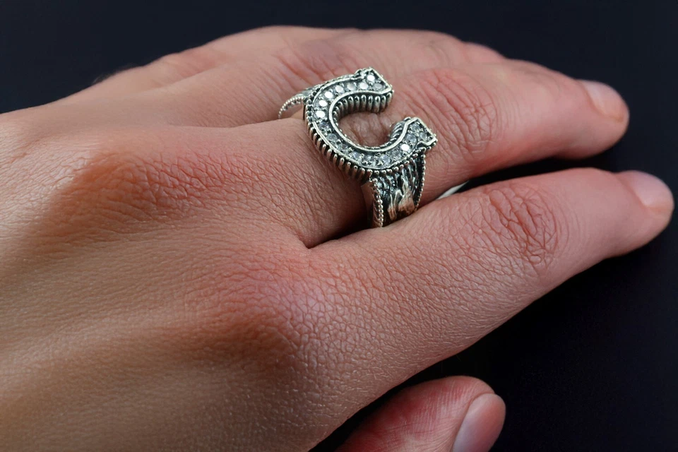 Anillo de herradura de la suerte de circonita cúbica oxidada para hombre Foto 4 de 4